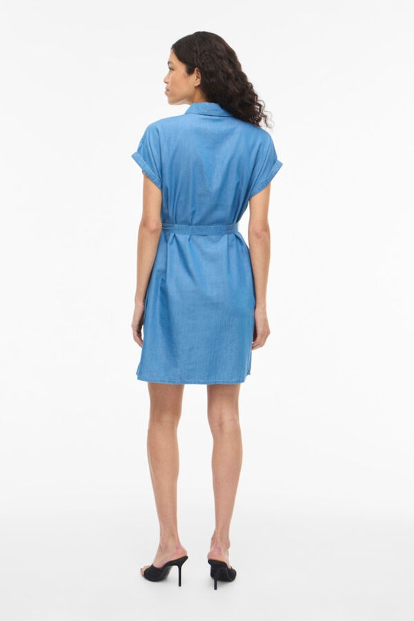 Vila Vestido curto camiseiro em ganga de Tencel Azul