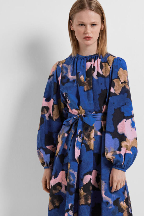 Selected Femme Vestido curto estampado de manga comprida confecionado com Lenzing Ecovero Azul