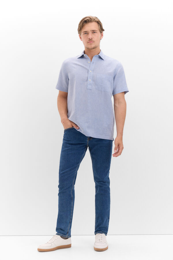 Cortefiel Polera rayas lino algod&oacute;n manga corta Azul