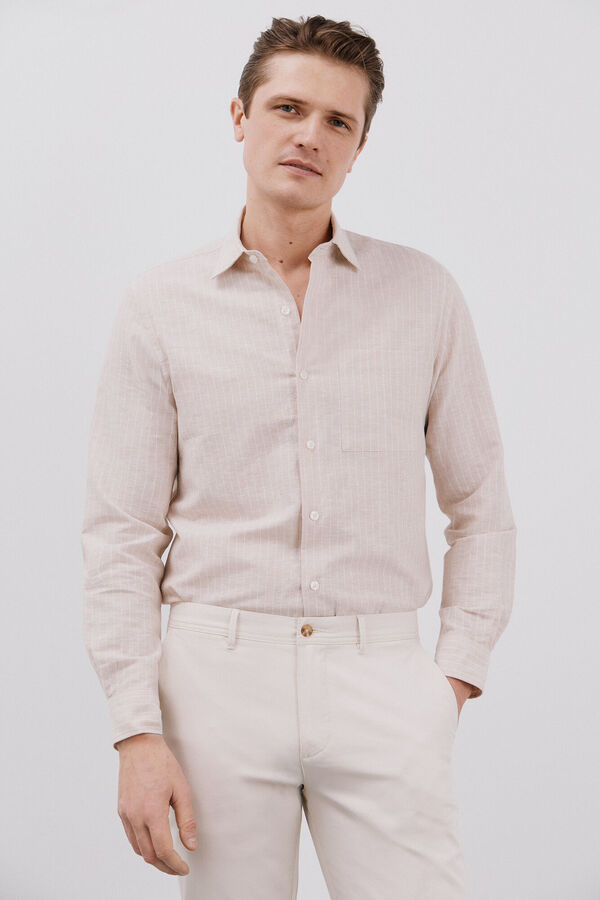 Cortefiel Camisa lino algodón rayas Beige