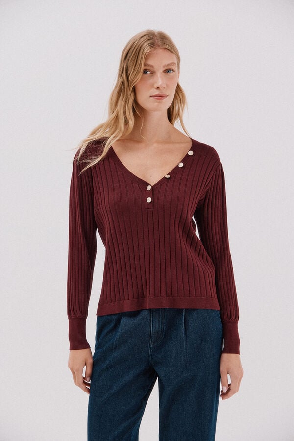 Cortefiel Jersey pico botones Vino
