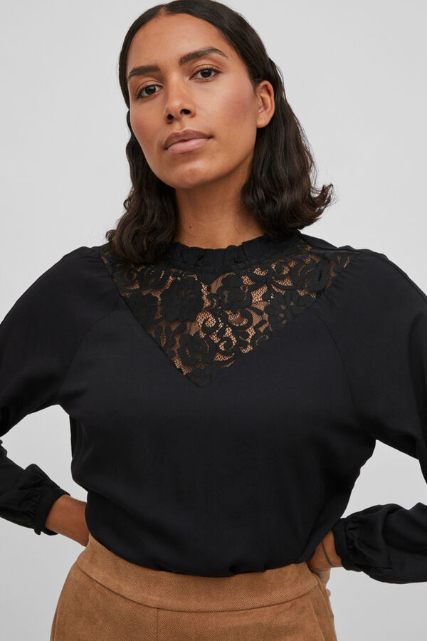 Vila Top de mulher com bordados manga comprida Preto
