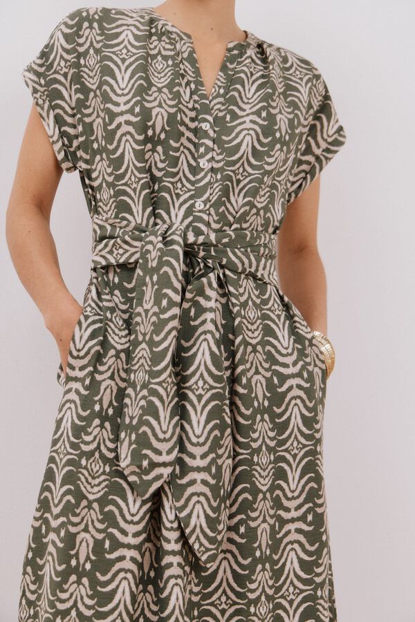 Cortefiel Vestido largo con cintur&oacute;n Estampado verde