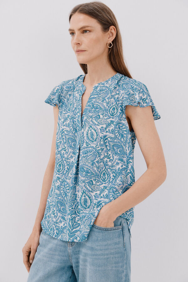 Cortefiel Blusa manga volante Estampado azul