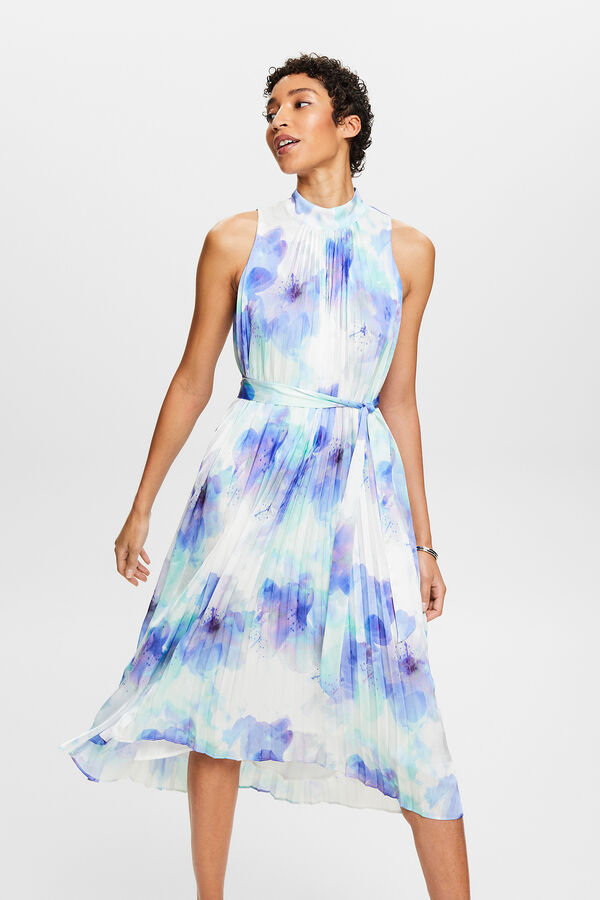 Esprit Vestido midi plisado estampado sin mangas Estampado azul