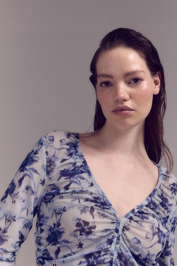 Slowlove Top de tule estampado franzido Azul