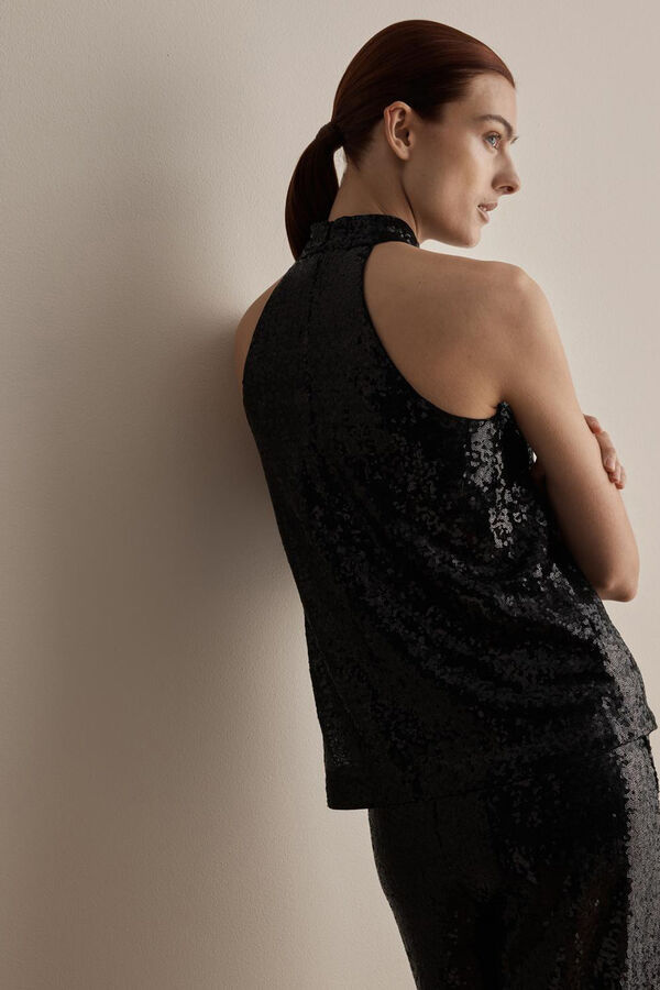 Selected Femme Top cuello halter de fiesta con lentejuelas confeccionado con materiales reciclados Negro
