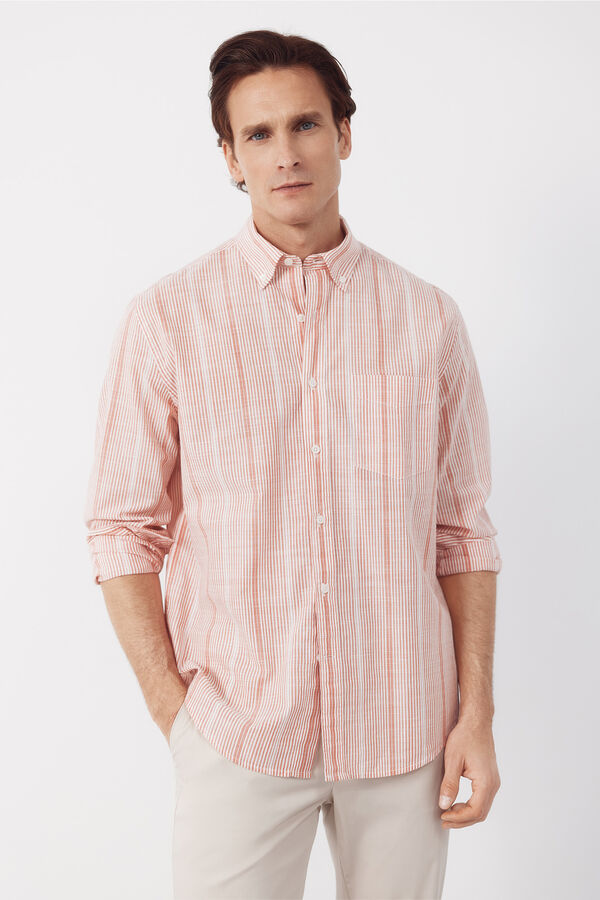 Cortefiel Camisa de riscas em algod&atilde;o slub Vermelho