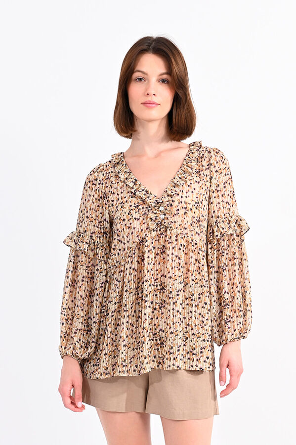 Molly Bracken Blusa de mujer de manga larga plisada con estampado Beige