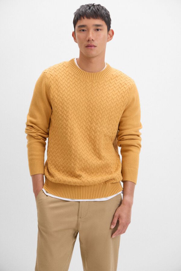 Cortefiel Jersey algod&oacute;n cables cuello redondo Dorado