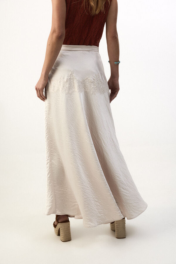 Slowlove Falda midi satinada con encaje Ecru