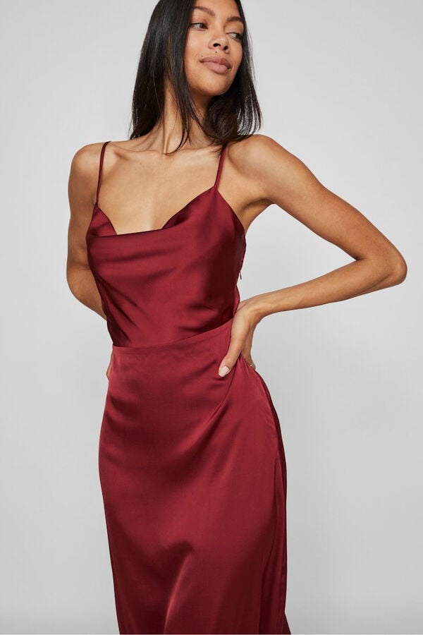 Vila Vestido largo satinado escote drapeado Vino