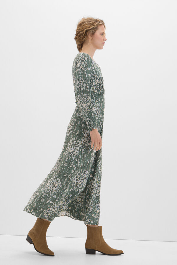 Cortefiel Vestido midi fruncido Estampado verde