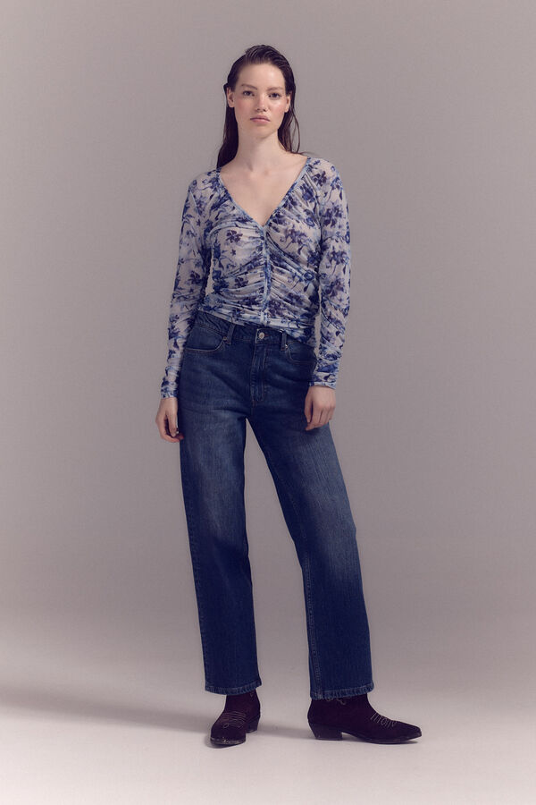 Slowlove Top de tule estampado franzido Azul