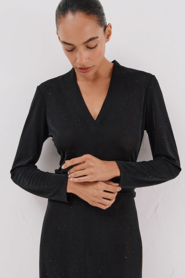 Cortefiel Vestido satinado brillos Negro