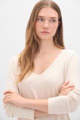 Cortefiel T-shirt b&aacute;sica gola em bico Ecru