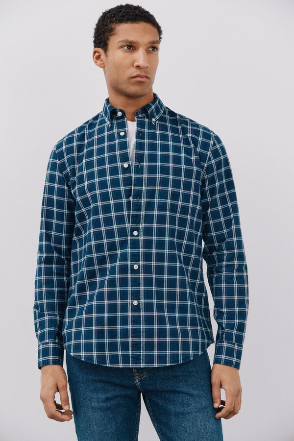 Cortefiel Camisa denim cuadros Azul marino