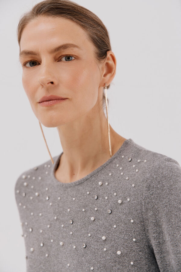 Cortefiel Camiseta detalle perlas y strass Gris