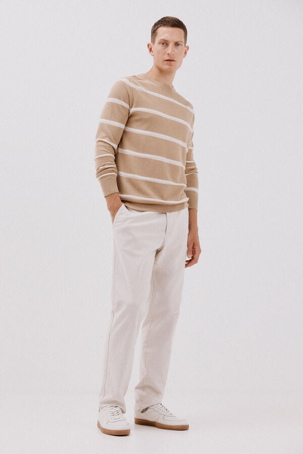 Cortefiel Jersey punto fino rayas cuello redondo Beige