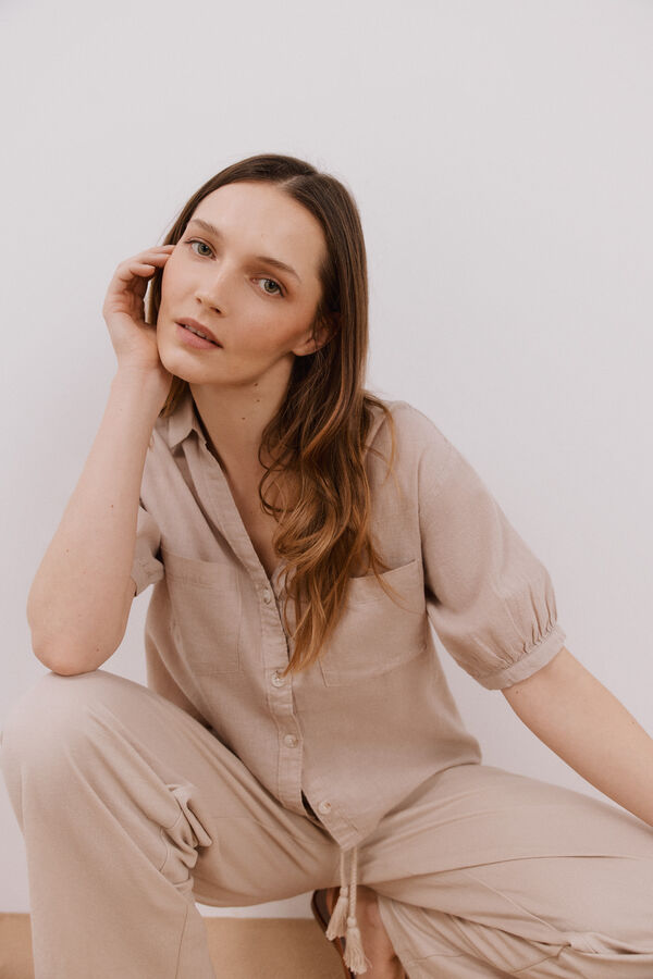 Cortefiel Camisa manga corta con lino Arena