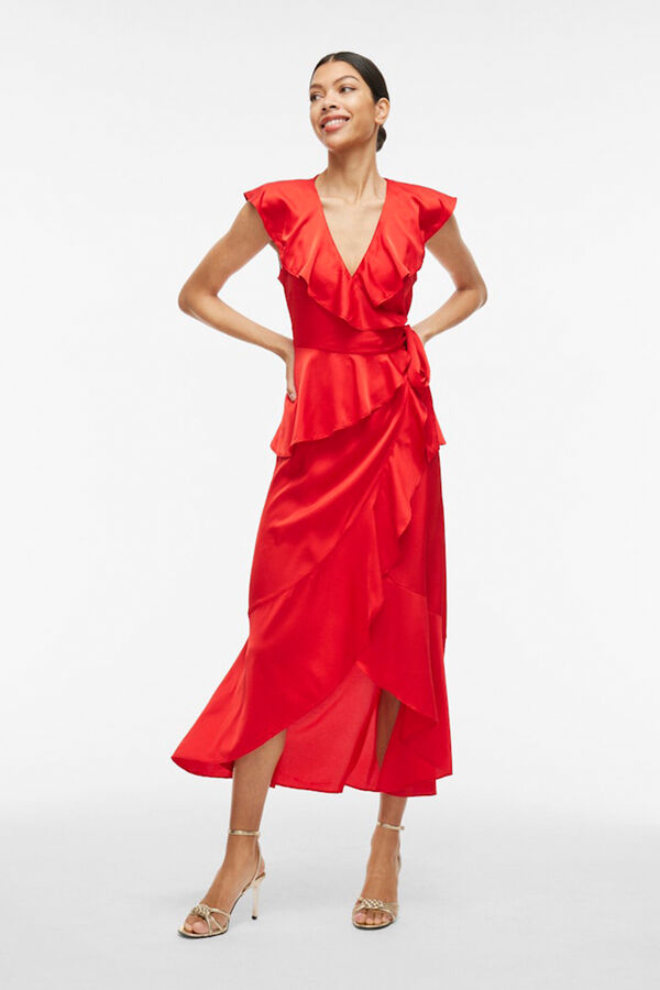 Vila Vestido satinado midi cruzado Rojo