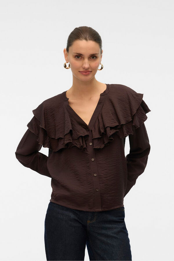 Vero Moda Blusa cuello de volantes Marr&oacute;n oscuro