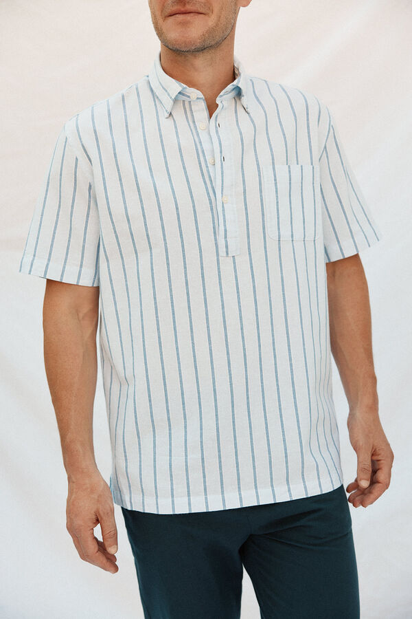 Cortefiel Polera rayas algod&oacute;n lino manga corta Azul