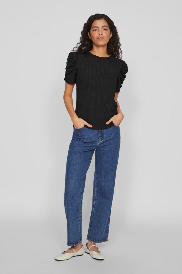 Vila Top de punto con mangas cortas fruncidas Negro