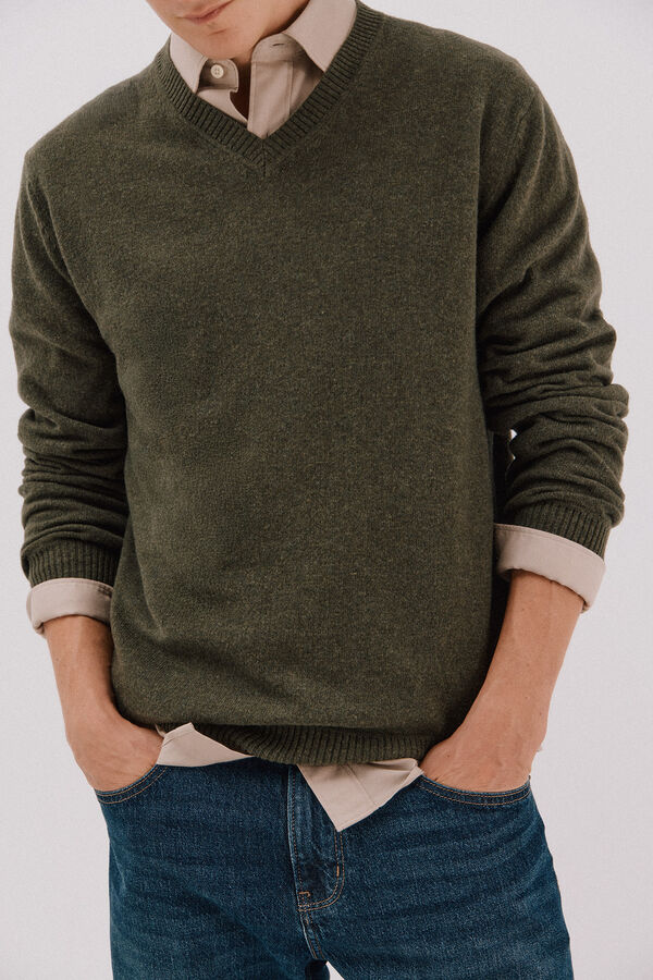 Cortefiel Jersey lana lambswool cuello pico Verde