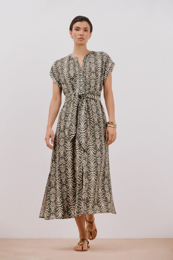 Cortefiel Vestido largo con cintur&oacute;n Estampado verde