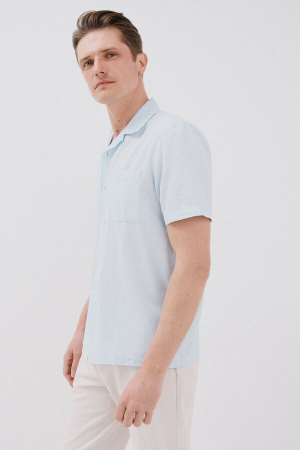Cortefiel Camisa de manga curta de algodão e linho simples Azul