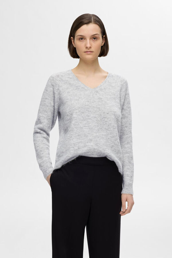 Selected Femme Jersey de cuello en V confeccionado con lana y alpaca. Regular Fit. Gris