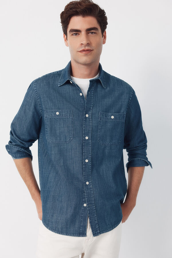 Cortefiel Camisa em denim chambray manga comprida Azul