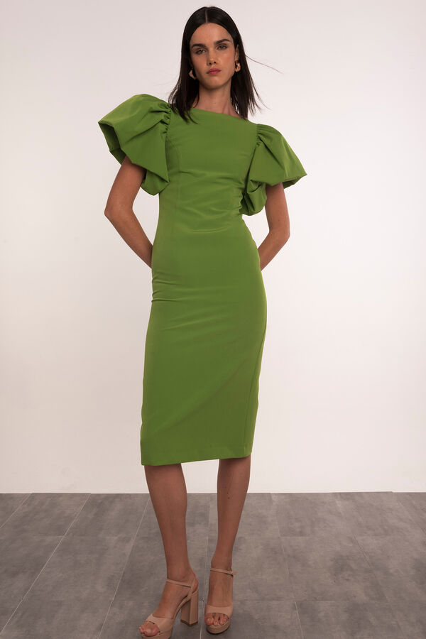 Dolores Promesas Vestido midi direito manga bal&atilde;o Verde