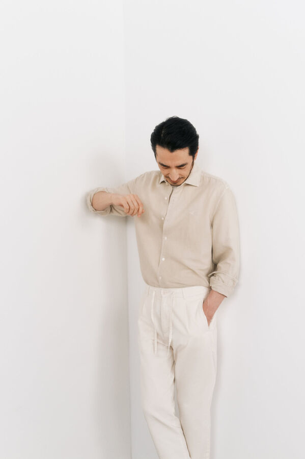 OOTO Camisa algodão linho manga comprida Tostado