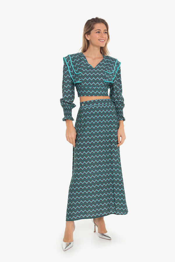 Cupl&eacute; Saia midi com estampado geom&eacute;trica Azul