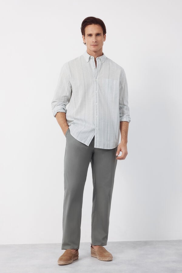 Cortefiel Camisa de riscas em algod&atilde;o slub Verde