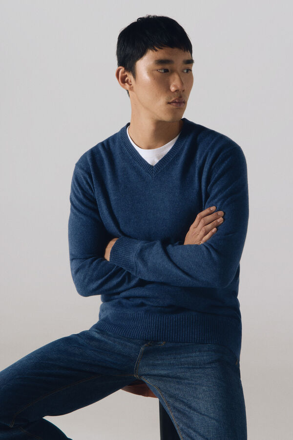 Cortefiel Camisola lã lambswool gola em bico Azul