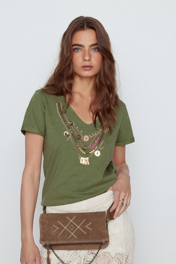 Slowlove T-shirt colar bordado Verde