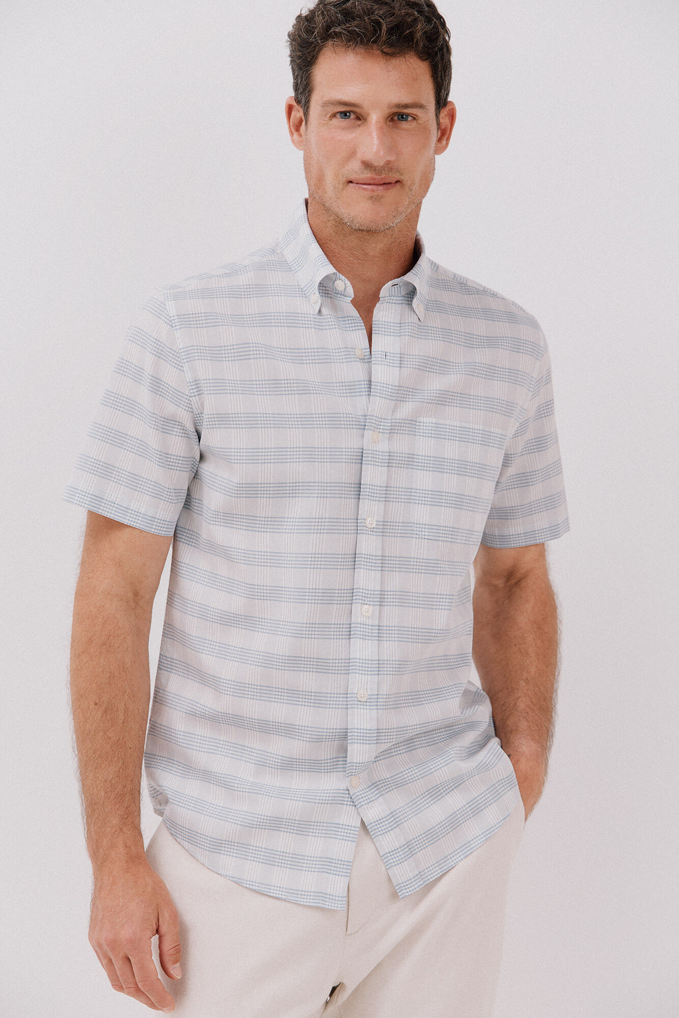 Cortefiel Camisa xadrez de algod&atilde;o tencel com manga curta