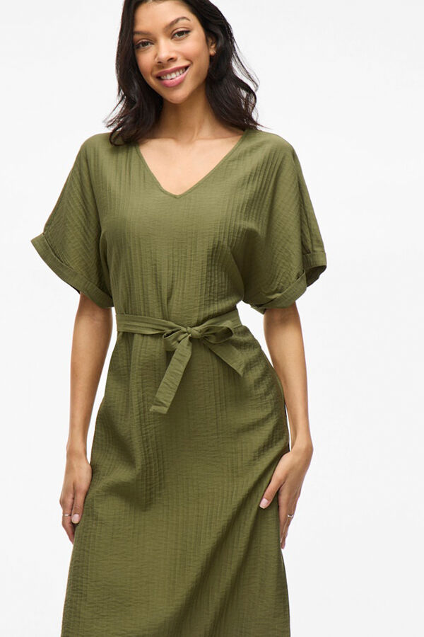 Vila Vestido midi manga 2/4 com viscose Verde