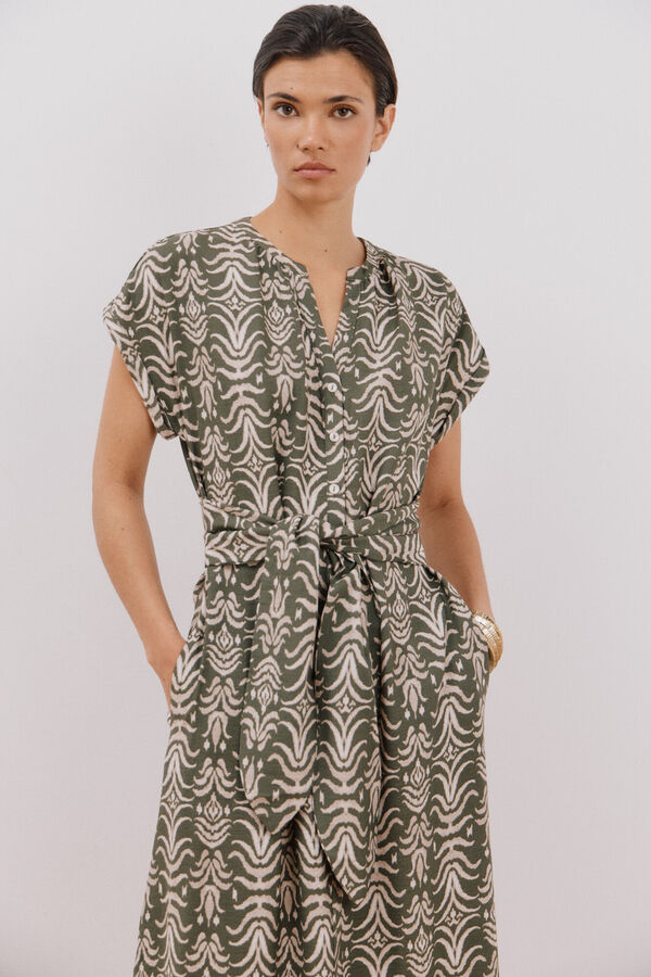 Cortefiel Vestido largo con cintur&oacute;n Estampado verde