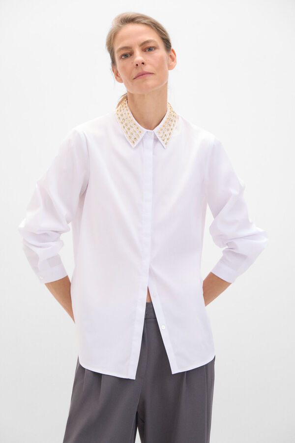 Cortefiel Camisa cuello bordado Blanco