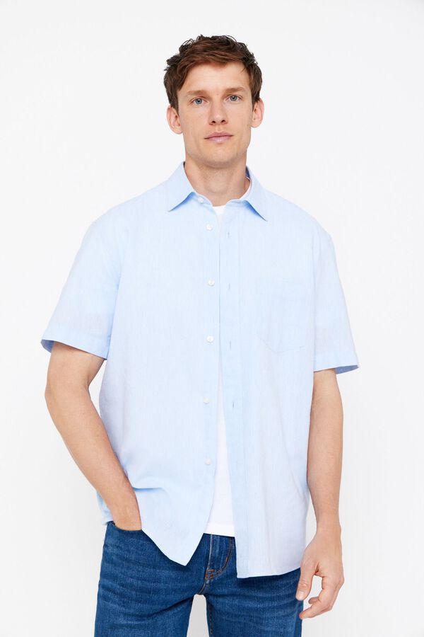 Cortefiel Camisa lino algod&oacute;n liso manga corta Azul oscuro