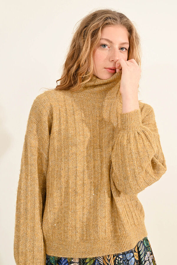 Molly Bracken Camisola feminina de manga comprida, detalhes brilhantes. Tostado