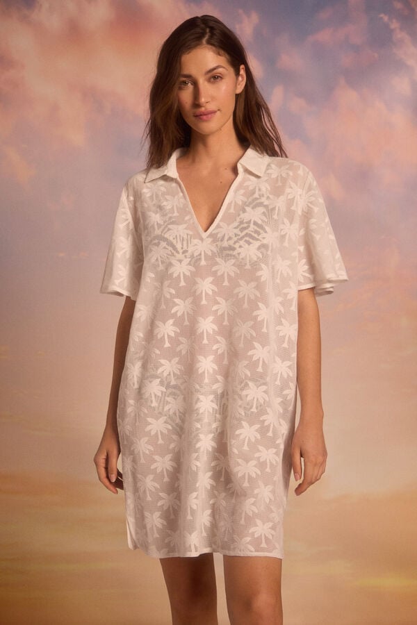 Cortefiel Caft&aacute;n crochet palmeras Marfil