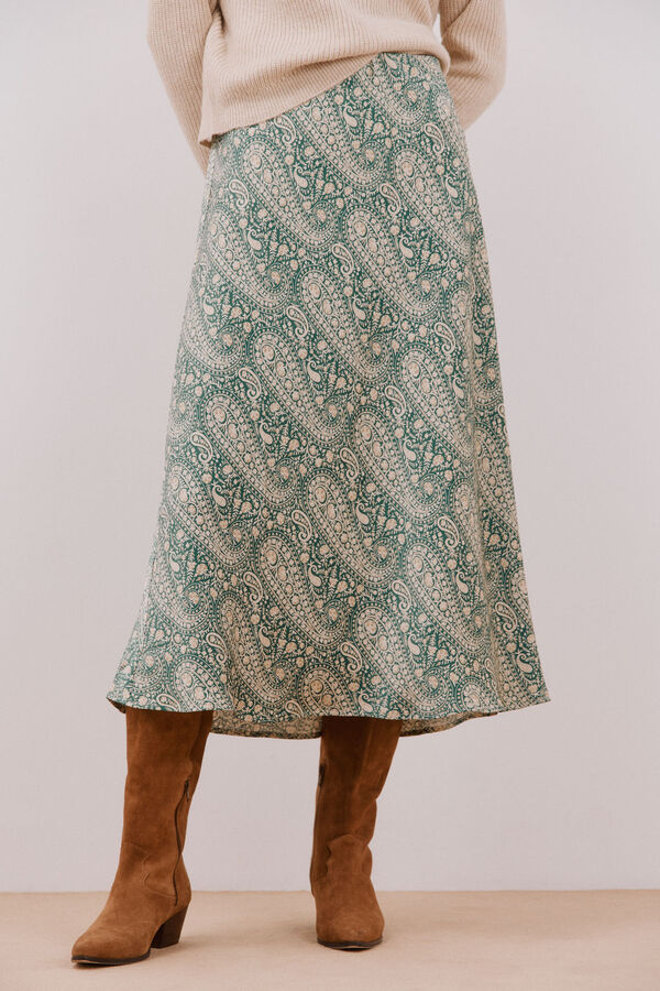 Cortefiel Falda midi satinada estampada Estampado verde