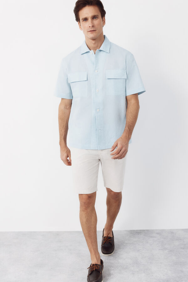 Cortefiel Camisa em linho e algod&atilde;o lisa com gola bowling Azul