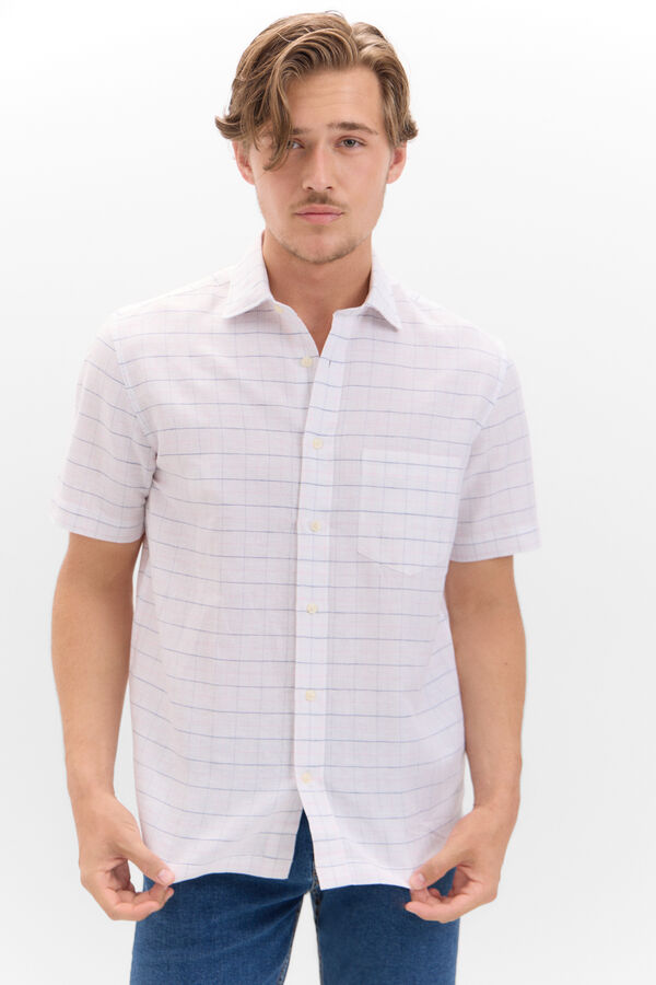 Cortefiel Camisa linho algod&atilde;o quadros manga curta Subiu