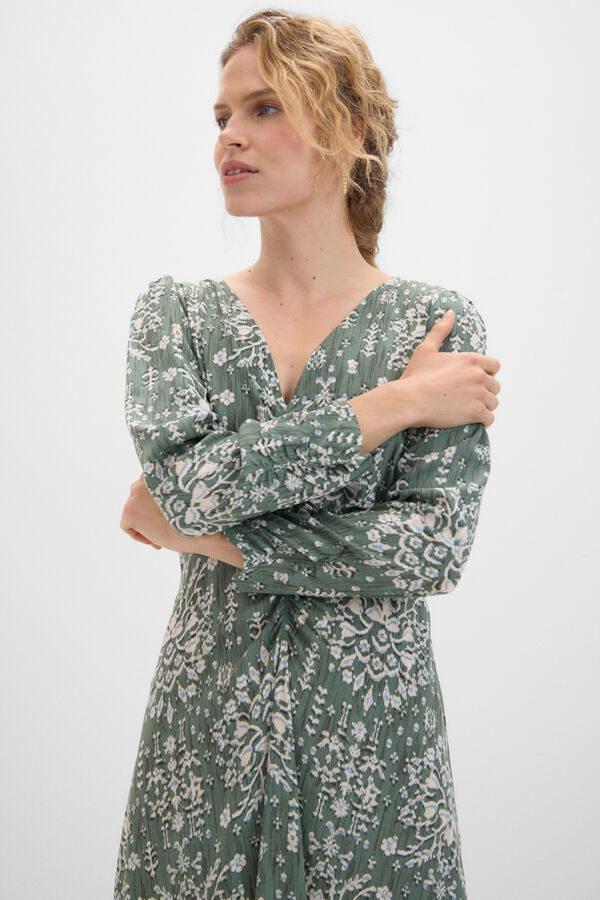 Cortefiel Vestido midi fruncido Estampado verde